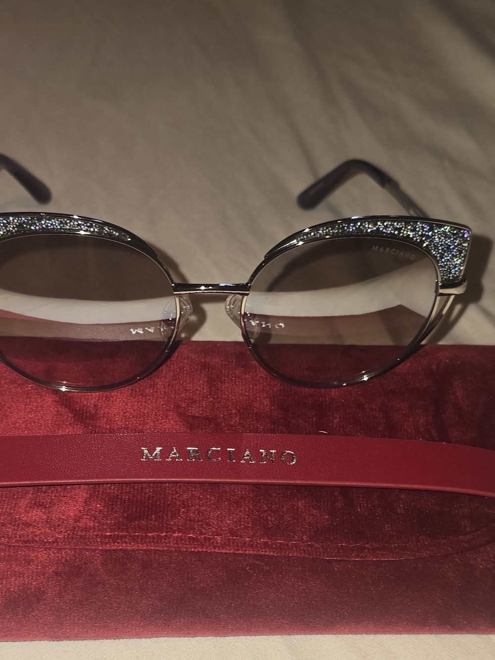 Marciano Purple Glitter Cat Eye Sunglasses Silver Metal Frame Gray Gradient